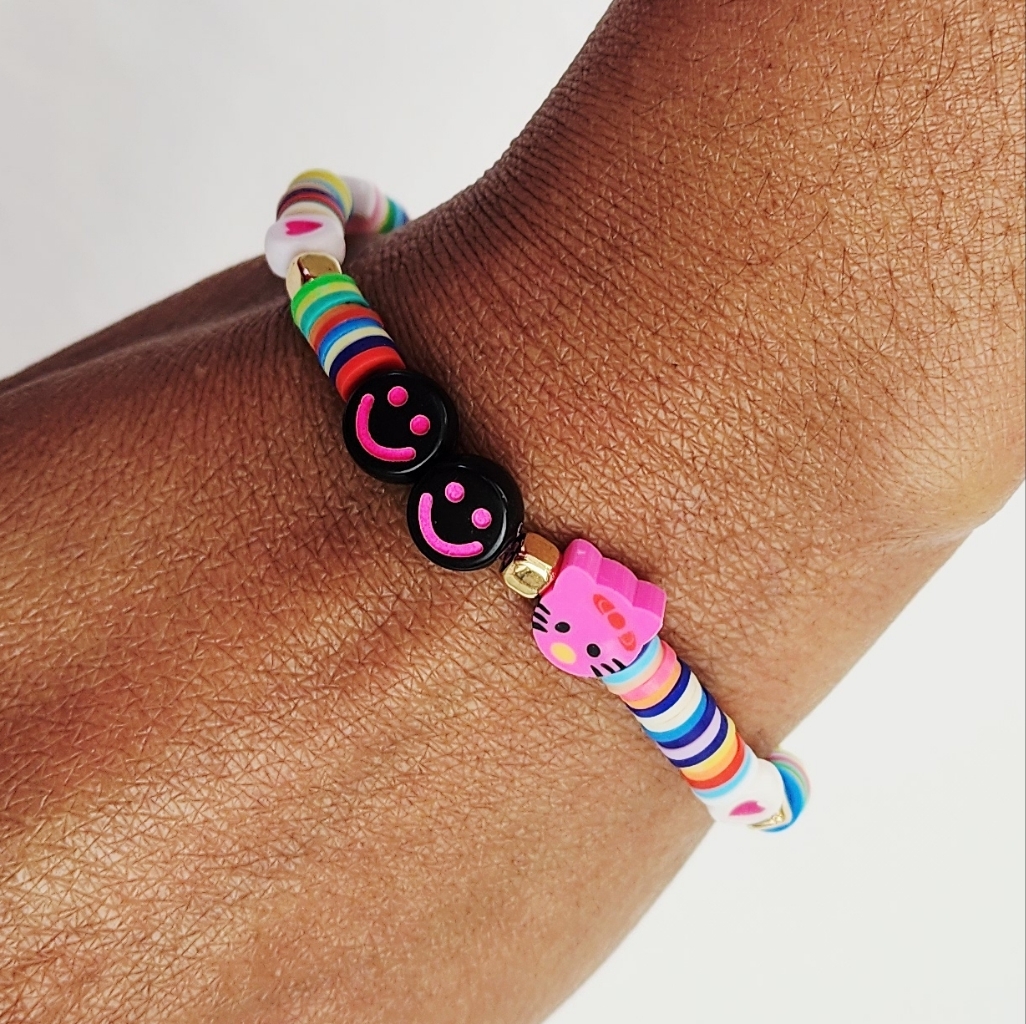 Handmade Hello Kitty Clay Heart Bead Smiley Face Bracelet